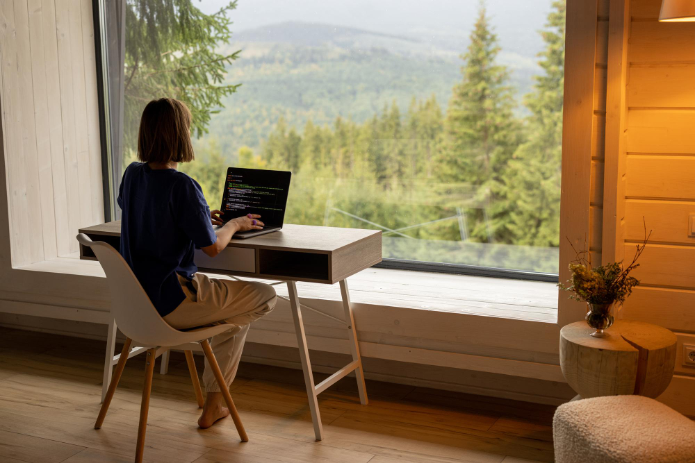 Woman works laptop remotely house nature